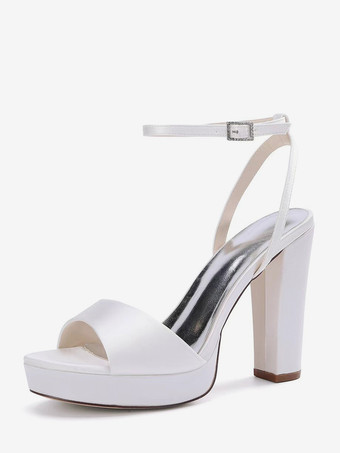 ホワイト サテンウェディングシューズ アイボリープラットフォーム オープントゥ ハイヒール ウェディングゲストシューズ