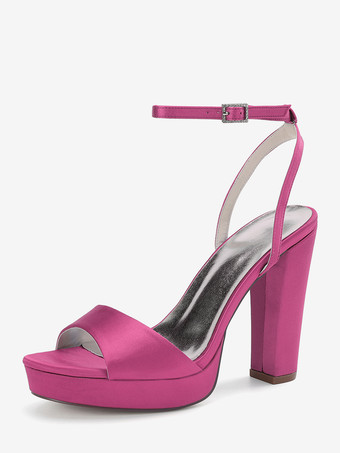 ローズレッドサテンウェディングシューズ アイボリープラットフォーム オープントゥ ハイヒール ウェディングゲストシューズ