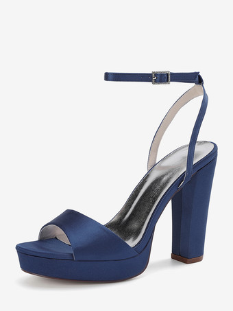 ディープブルーサテンウェディングシューズ アイボリープラットフォーム オープントゥ ハイヒール ウェディングゲストシューズ