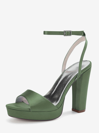 ハンターグリーン サテンウェディングシューズ アイボリープラットフォーム オープントゥ ハイヒール ウェディングゲストシューズ