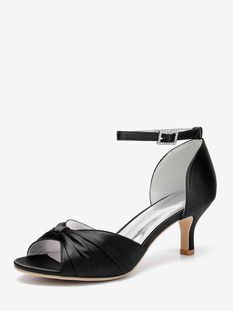 ブラック サテンキターンヒールパンプス レディース オープントゥ ルーシュ アンクルストラップ ブライダルシューズ