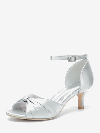 シルバー サテンキターンヒールパンプス レディース オープントゥ ルーシュ アンクルストラップ ブライダルシューズ