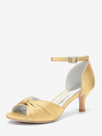 ゴールド サテンキターンヒールパンプス レディース オープントゥ ルーシュ アンクルストラップ ブライダルシューズ