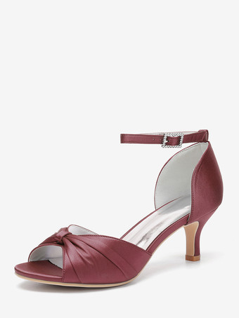 ワインレッド サテンキターンヒールパンプス レディース オープントゥ ルーシュ アンクルストラップ ブライダルシューズ