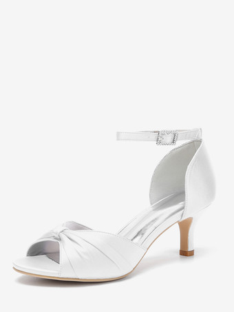 アイボリーサテンキターンヒールパンプス レディース オープントゥ ルーシュ アンクルストラップ ブライダルシューズ