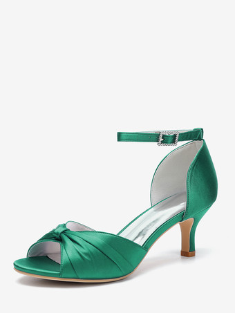 グリーン サテンキターンヒールパンプス レディース オープントゥ ルーシュ アンクルストラップ ブライダルシューズ