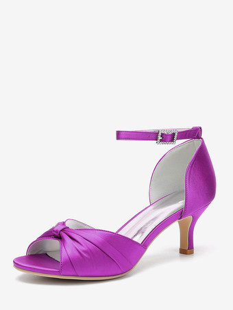 パープル サテンキターンヒールパンプス レディース オープントゥ ルーシュ アンクルストラップ ブライダルシューズ