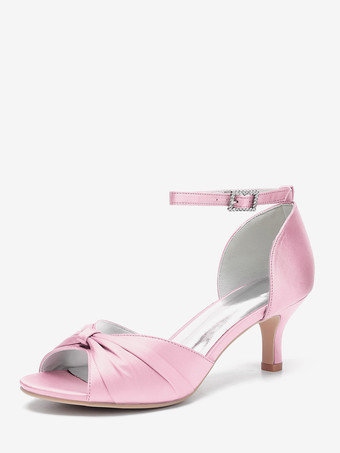 ピンクサテンキターンヒールパンプス レディース オープントゥ ルーシュ アンクルストラップ ブライダルシューズ