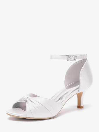 ホワイト サテンキターンヒールパンプス レディース オープントゥ ルーシュ アンクルストラップ ブライダルシューズ