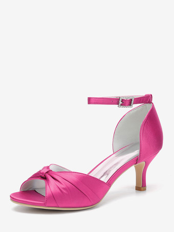 ローズレッドサテンキターンヒールパンプス レディース オープントゥ ルーシュ アンクルストラップ ブライダルシューズ