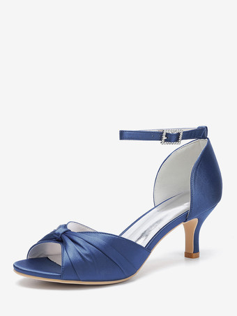 ディープブルーサテンキターンヒールパンプス レディース オープントゥ ルーシュ アンクルストラップ ブライダルシューズ