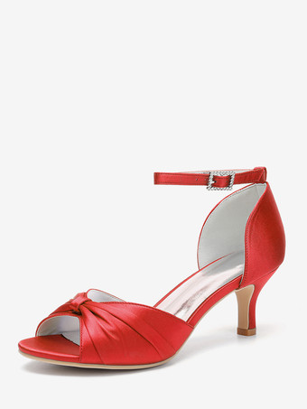 レッドサテンキターンヒールパンプス レディース オープントゥ ルーシュ アンクルストラップ ブライダルシューズ