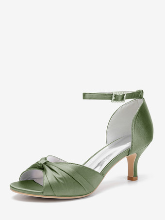 ハンターグリーン サテンキターンヒールパンプス レディース オープントゥ ルーシュ アンクルストラップ ブライダルシューズ