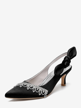 ブラック サテンウェディングシューズ、ポインテッドトゥ、ラインストーン、ボウ、スリングバック、ブライダルパンプス