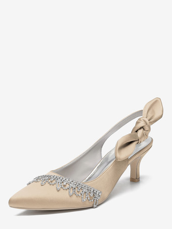 シャンパンカラーサテンウェディングシューズ、ポインテッドトゥ、ラインストーン、ボウ、スリングバック、ブライダルパンプス
