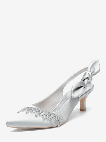 シルバー サテンウェディングシューズ、ポインテッドトゥ、ラインストーン、ボウ、スリングバック、ブライダルパンプス