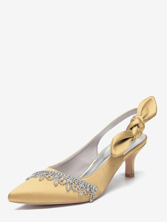 ゴールド サテンウェディングシューズ、ポインテッドトゥ、ラインストーン、ボウ、スリングバック、ブライダルパンプス