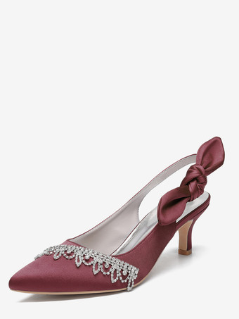 ワインレッド サテンウェディングシューズ、ポインテッドトゥ、ラインストーン、ボウ、スリングバック、ブライダルパンプス