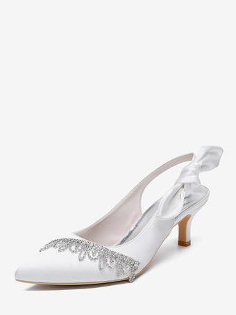 アイボリーサテンウェディングシューズ、ポインテッドトゥ、ラインストーン、ボウ、スリングバック、ブライダルパンプス