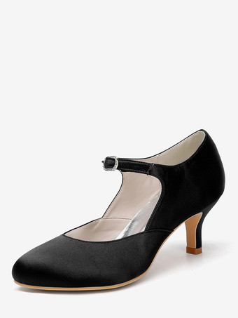 ブラック ヴィンテージウェディングシューズ、ラウンドトゥ、キトンヒール、メリージェーンシューズ