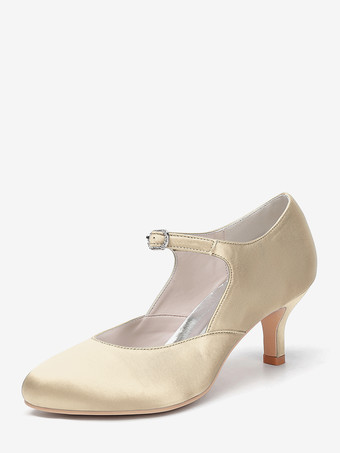 シャンパンカラーヴィンテージウェディングシューズ、ラウンドトゥ、キトンヒール、メリージェーンシューズ