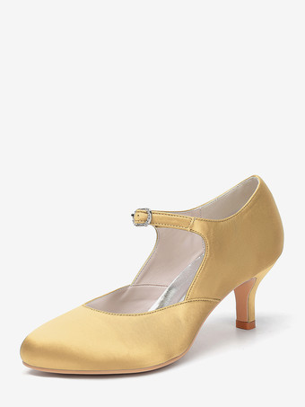 ゴールド ヴィンテージウェディングシューズ、ラウンドトゥ、キトンヒール、メリージェーンシューズ