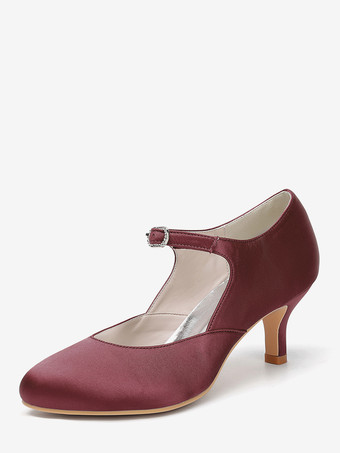 ワインレッド ヴィンテージウェディングシューズ、ラウンドトゥ、キトンヒール、メリージェーンシューズ