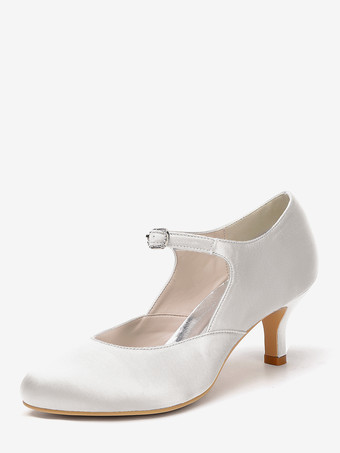 アイボリーヴィンテージウェディングシューズ、ラウンドトゥ、キトンヒール、メリージェーンシューズ