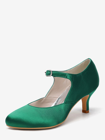 グリーン ヴィンテージウェディングシューズ、ラウンドトゥ、キトンヒール、メリージェーンシューズ