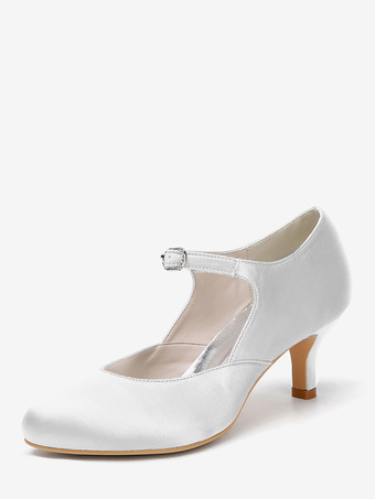 ホワイト ヴィンテージウェディングシューズ、ラウンドトゥ、キトンヒール、メリージェーンシューズ