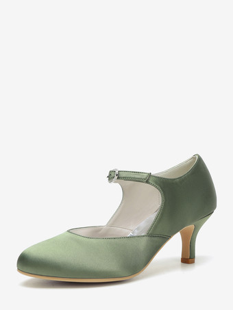 ハンターグリーン ヴィンテージウェディングシューズ、ラウンドトゥ、キトンヒール、メリージェーンシューズ
