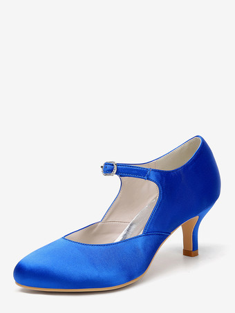 ロイヤルブルーヴィンテージウェディングシューズ、ラウンドトゥ、キトンヒール、メリージェーンシューズ