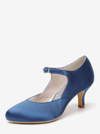 ディープブルーヴィンテージウェディングシューズ、ラウンドトゥ、キトンヒール、メリージェーンシューズ