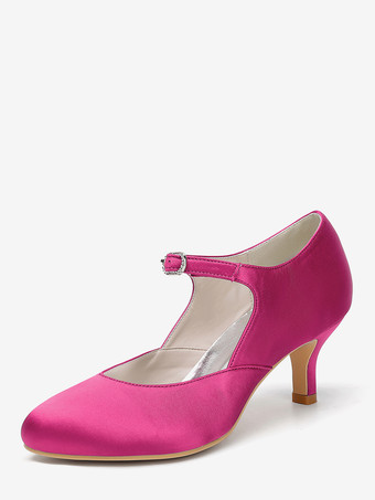 ローズレッドヴィンテージウェディングシューズ、ラウンドトゥ、キトンヒール、メリージェーンシューズ