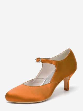 オレンジ サテンメリージェーンシューズ ラウンドトゥ キトンヒール ブライダルシューズ