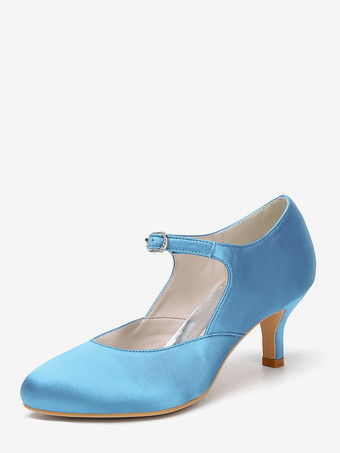 ライトスカイブルーサテンメリージェーンシューズ ラウンドトゥ キトンヒール ブライダルシューズ