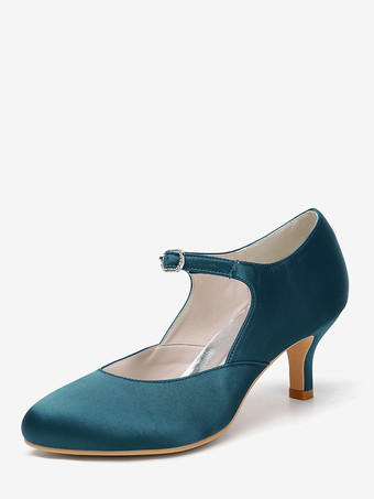 ダークネイビーサテンメリージェーンシューズ ラウンドトゥ キトンヒール ブライダルシューズ