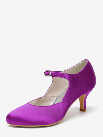 パープル サテンメリージェーンシューズ ラウンドトゥ キトンヒール ブライダルシューズ