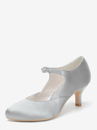 シルバー サテンメリージェーンシューズ ラウンドトゥ キトンヒール ブライダルシューズ