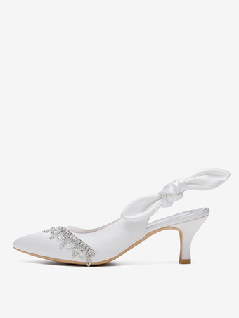 サテンウェディングシューズ、ポインテッドトゥ、ラインストーン、ボウ、スリングバック、ブライダルパンプス