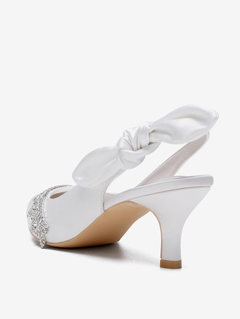 サテンウェディングシューズ、ポインテッドトゥ、ラインストーン、ボウ、スリングバック、ブライダルパンプス