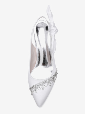 サテンウェディングシューズ、ポインテッドトゥ、ラインストーン、ボウ、スリングバック、ブライダルパンプス