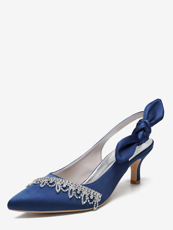 ディープブルーサテンウェディングシューズ、ポインテッドトゥ、ラインストーン、ボウ、スリングバック、ブライダルパンプス