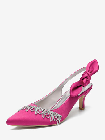 ローズレッドサテンウェディングシューズ、ポインテッドトゥ、ラインストーン、ボウ、スリングバック、ブライダルパンプス