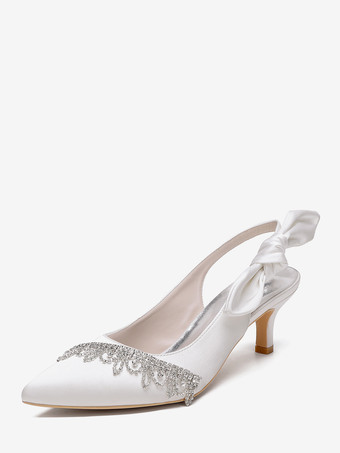 ホワイト サテンウェディングシューズ、ポインテッドトゥ、ラインストーン、ボウ、スリングバック、ブライダルパンプス