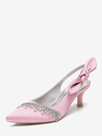 ピンクサテンウェディングシューズ、ポインテッドトゥ、ラインストーン、ボウ、スリングバック、ブライダルパンプス