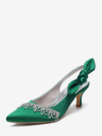 グリーン サテンウェディングシューズ、ポインテッドトゥ、ラインストーン、ボウ、スリングバック、ブライダルパンプス