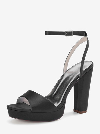 ブラック サテンウェディングシューズ アイボリープラットフォーム オープントゥ ハイヒール ウェディングゲストシューズ