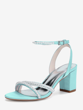 ライトスカイブルーアイボリーのウェディングシューズ、チャンキーヒール、パールのブライダルシューズ