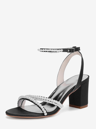 ブラック アイボリーのウェディングシューズ、チャンキーヒール、パールのブライダルシューズ